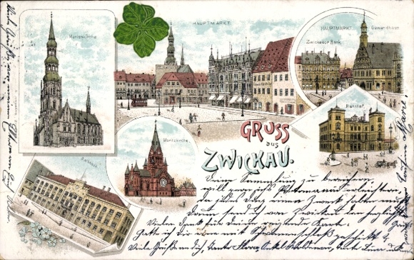 Chromo-Litho Zwickau in Saxony, Town Hall, Church, Main Market, Zwickau Bank, Train Station