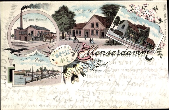 Chromo-Litho Ellenserdamm Bockhorn Friesland, Blauhand dairy, post office, train station, harbor