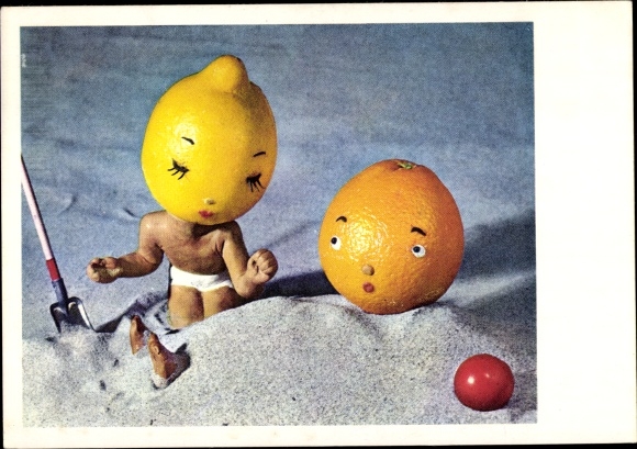 Postcard Humanized fruit on the beach, lemon, orange