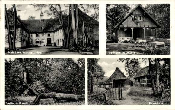 Postcard Zetel in Friesland, Neuenburg Castle, primeval forest, smokehouse, hunting lodge