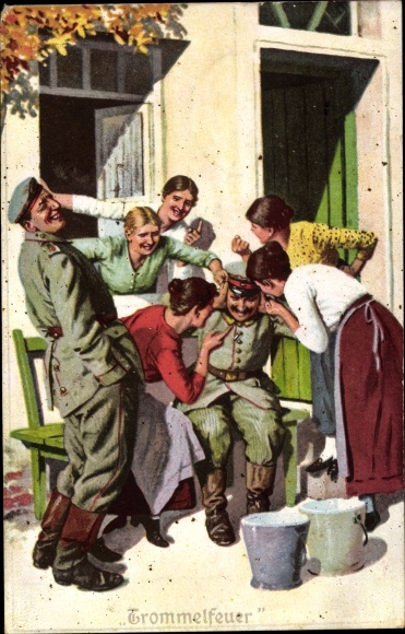 Artist Postcard Always Expert, Military Terms No. 4, Barrage, Soldiers