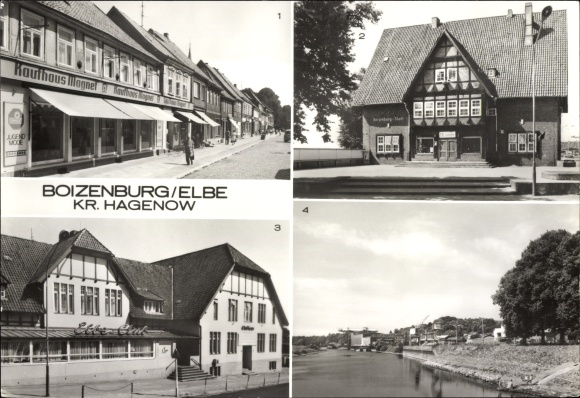 Postcard Boizenburg on the Elbe, Karl Marx Strasse, consumer hotel, clubhouse, harbour, Elbe shipyards