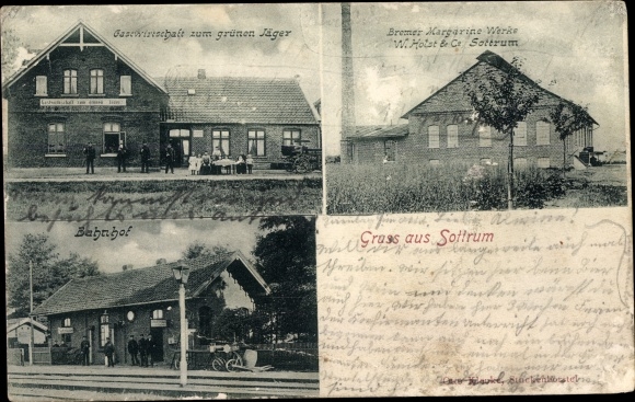 Ak Sottrum in Niedersachsen, Bremer Mararinenwerke, Gastwirtschaft zum grünen Jäger, Bahnhof