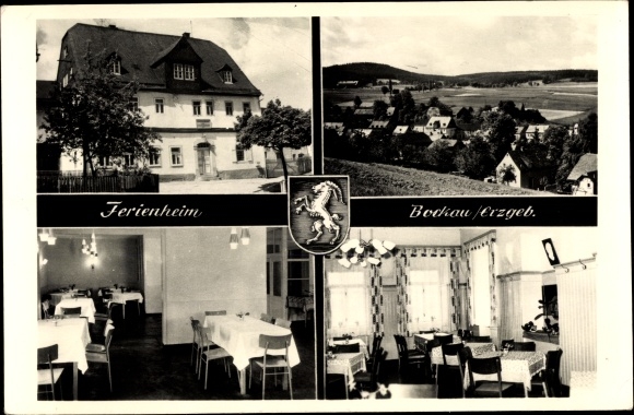 Postcard Bockau in the Ore Mountains, coat of arms, holiday home exterior view and interior view, village view
