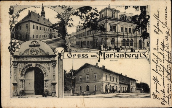 Postcard Marienberg in the Erzgebirge Saxony, train station, track side, town hall, town hall portal