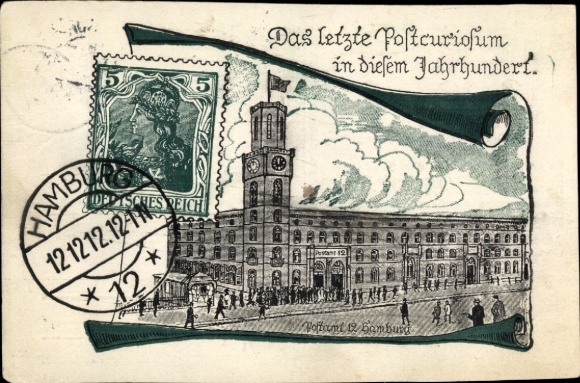 Stamps PC Hamburg, Post Office 12, 12.12.12, December 12, 1912, Postal Curiosity