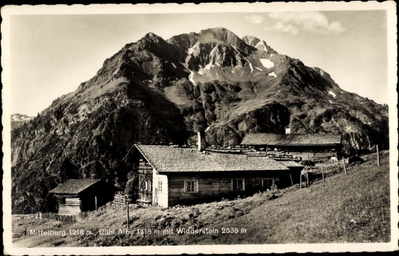 Postcard Mittelberg in Kleinwalsertal Vorarlberg, mountain landscape, wooden building, Widderstein, Mittelberg