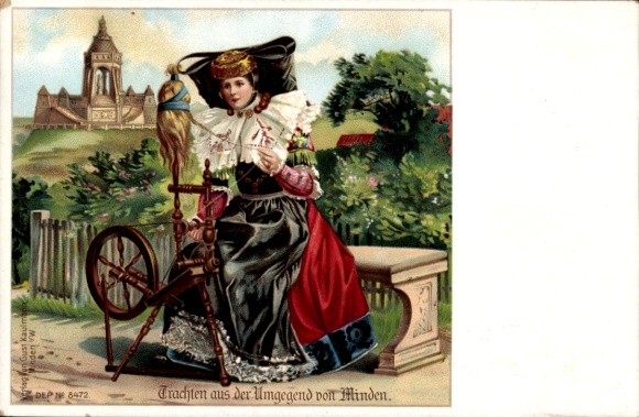 Litho Frau in Volkstracht mit Spinnrad, Schaumburg Lippische Landestracht