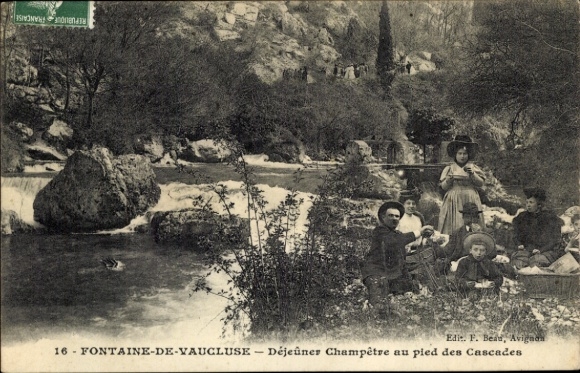 Ak Fontaine de Vaucluse, Dejeuner Champetre au pied des Cascades