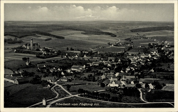 Postcard Biberbach in Swabia, aerial view of church and houses surrounded by fields