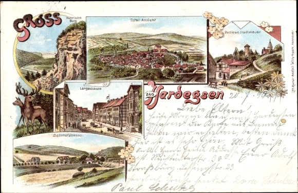 Litho Hardegsen in Niedersachsen, Hühnsche Burg, Langestraße, Bahnhofstraße, Panorama