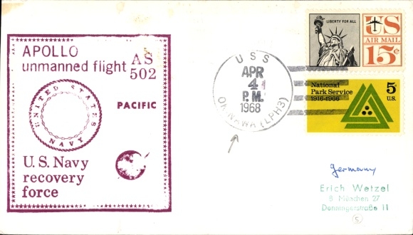 Brief Raumfahrt USA, Apollo Unmanned Flight As 502, USS Okinawa