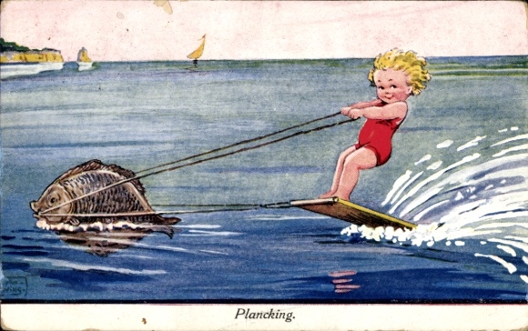 Artist Postcard Wills, John, child waterskiing, fish