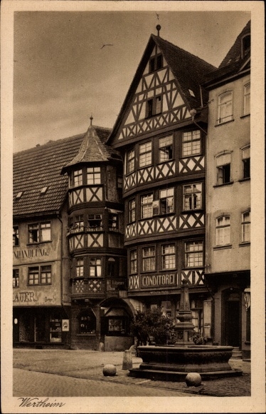 Postcard Wertheim am Main, market place, pastry shop Wilhelm Hahn, fountain