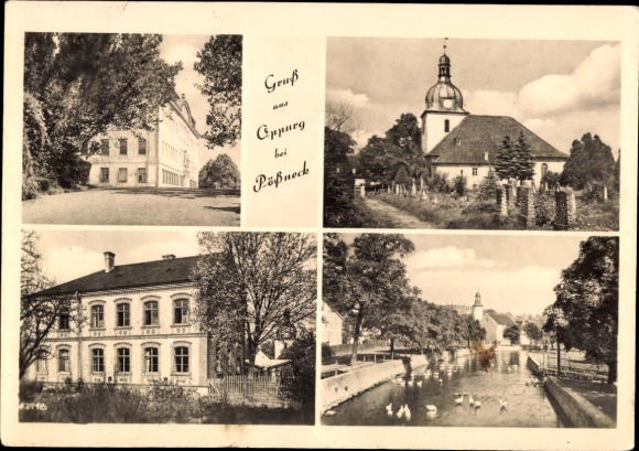 Ak Oppurg an der Orla Thüringen, Vorderseite mit Gruß, vier Fotos, Kirche, Denkmal, Landschaft, W