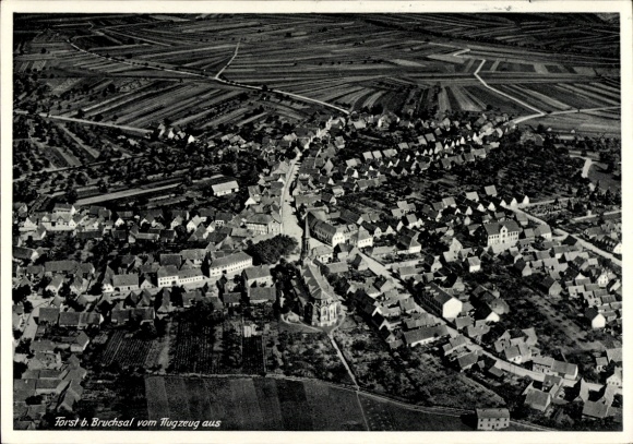 Postcard Forst (near Bruchsal) in Baden, aerial view of Forst, houses, fields, landscape