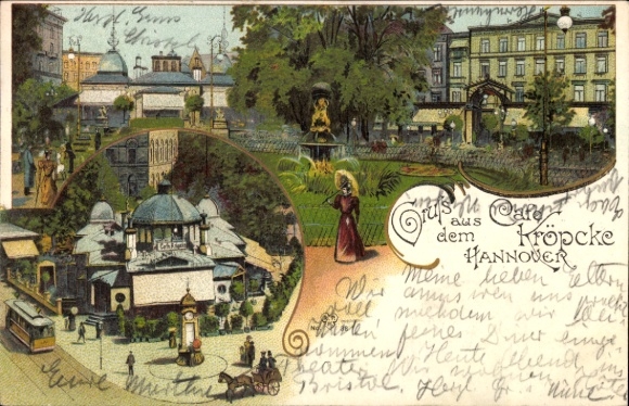 Litho Hannover in Niedersachsen, Cafe Kröpcke, Stadtansicht, Brunnen