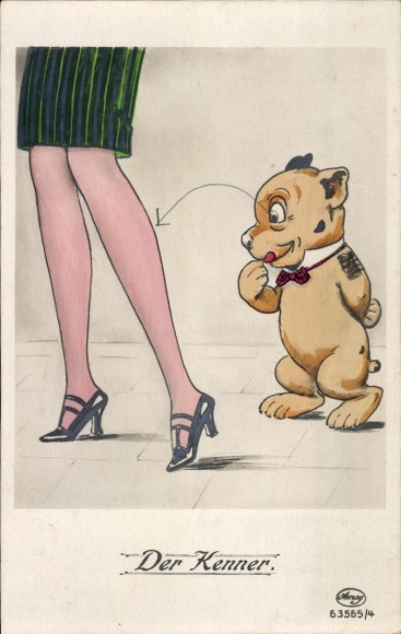 Artist Postcard The Connoisseur, Dog looks at woman's legs