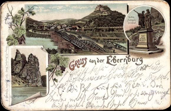 Litho Bad Münster am Stein Ebernburg Bad Kreuznach, Hutten Sickingen Denkmal, Rheingrafenstein