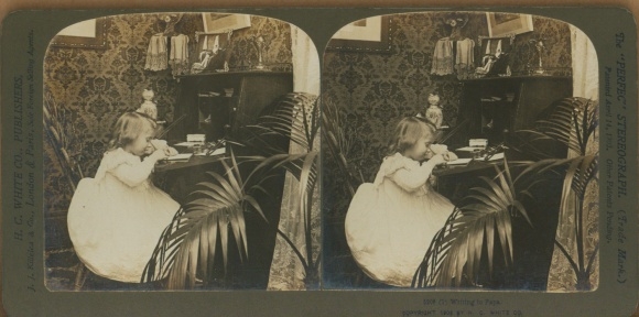 Stereo photo girl writes a letter to dad, portrait