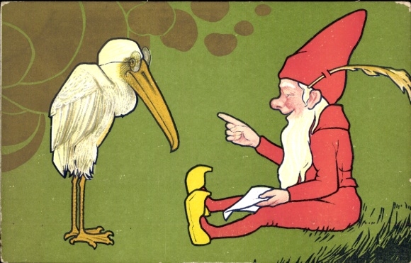 Artist Postcard Dwarf and Pelican with Glasses