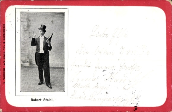 Passepartout Postcard Robert Steidl, humorist, standing portrait in tailcoat with top hat