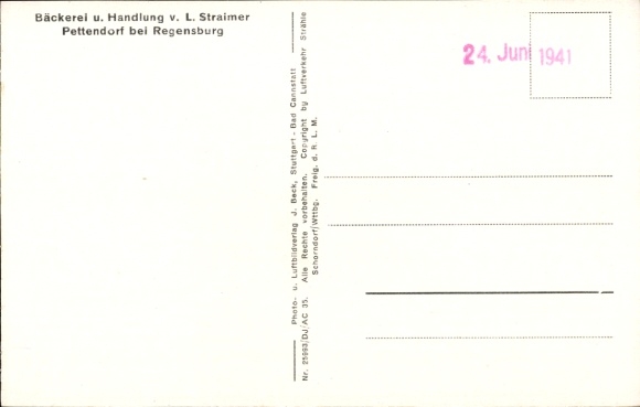 Postcard Pettendorf (near Regensburg) in the Upper Palatinate, bakery and shop Straimer, aerial photograph