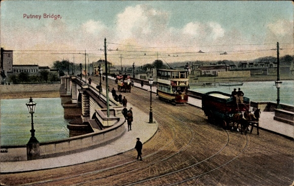 Postcard Putney London England, bridge, tram, river, people, vehicles