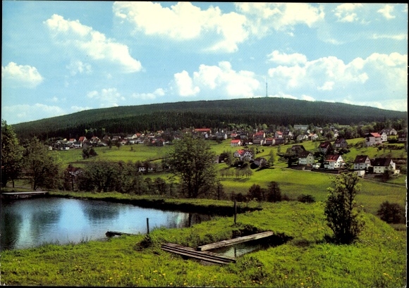 Ak Bischofsgrün im Fichtelgebirge, Landschaftsbild mit Teich, Dorf im Tal, bewaldeter Hügel im Hi
