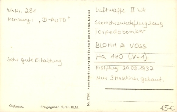 Postcard German fighter aircraft, sea multi-purpose aircraft Blohm & Voss Ha 140, V-1, D-AUTO