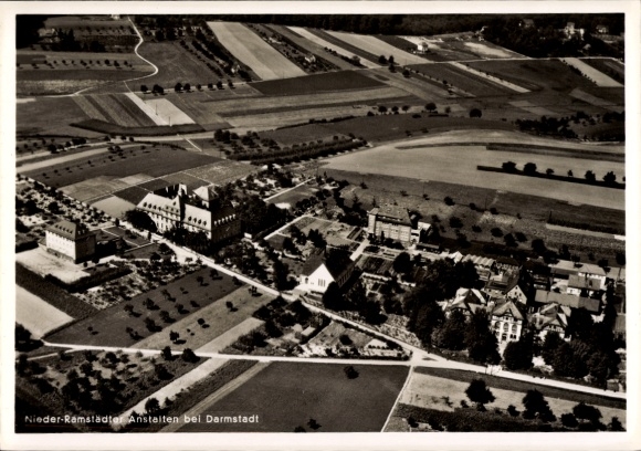 Postcard Nieder Ramstadt Mühltal in the Odenwald, Nieder-Ramstadt Institutions, aerial photograph