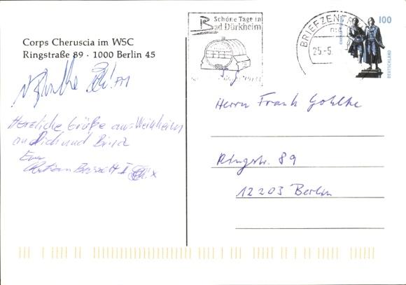 Studentika Postcard Berlin, Corps Cheruscia in the WSC, Ringstraße 89, coat of arms