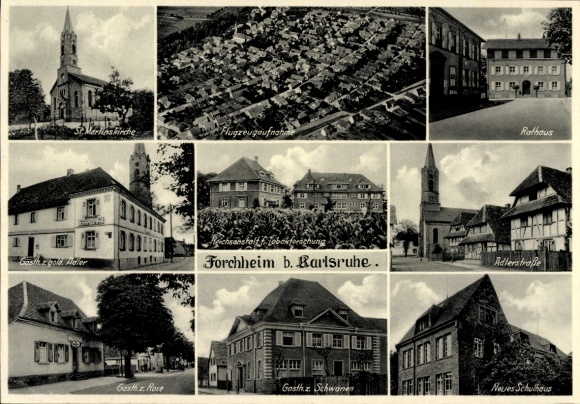 Postcard Forchheim (near Karlsruhe) Rheinstetten in Baden, St. Marlinskirche, aerial photography, town hall