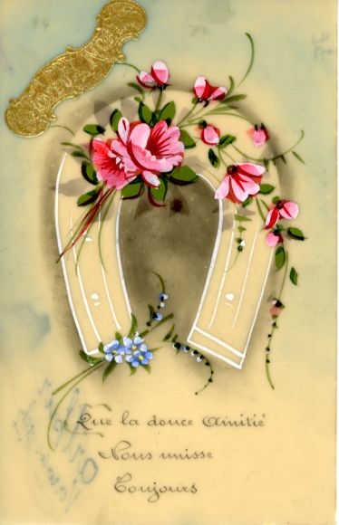 Celluloid Ak Gefeliciteerd Kerstmis, hoefijzers, bloemen