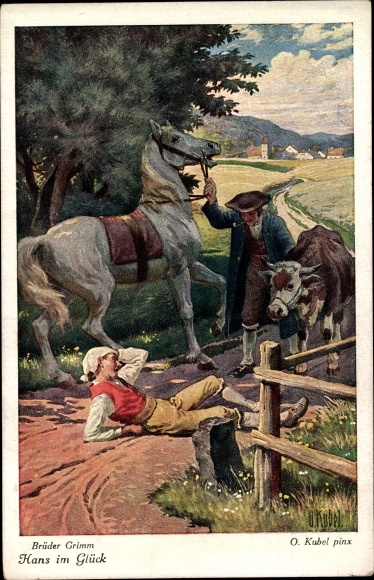 Artist PC Kubel, Otto, fairy tales, Brothers Grimm, Hans im Glück, horse, cow