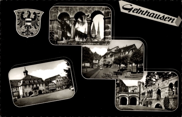 Postcard Gelnhausen in Hesse, coat of arms, town hall, market square, church, archways