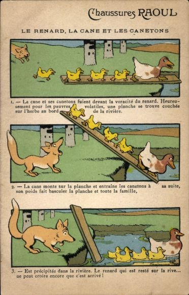 Artist Postcard Chaussures Raoul, fox, duck, ducklings