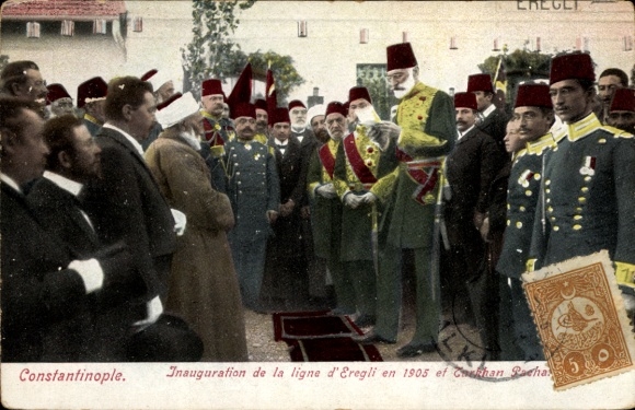 Postcard Constantinople Istanbul Türkiye, Inauguration of the Line of Eregli in 1905 and Turkhan Pacha