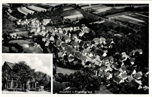 Postcard Bretzfeld in Württemberg, aerial photograph, Gasthof zur Eisenbahn