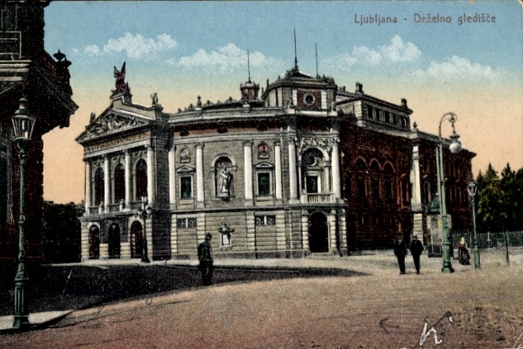 Ak Ljubljana Laibach Slowenien, Deželno gledišče, Architektonisches Gebäude, Stadtansicht