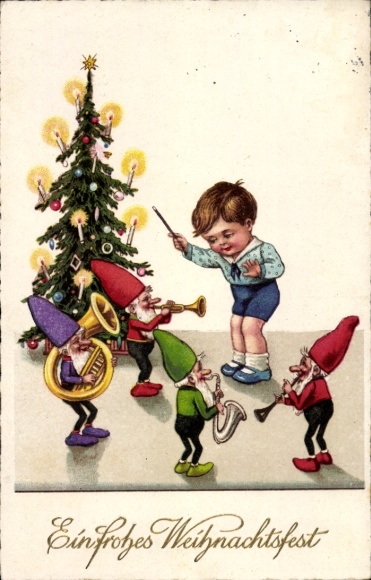 Artist Postcard Wills, John, Merry Christmas, boy conducting musical dwarves, Christmas tree