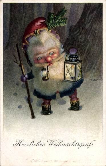 Künstler Ak Zahl, H., Frohe Weihnachten, Zwerg mit Pfeife und Laterne