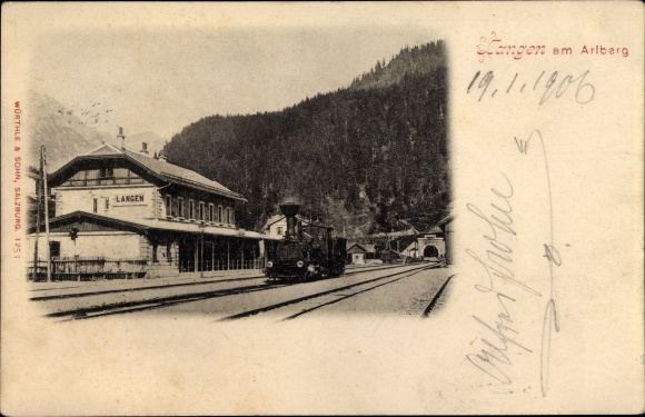 Postcard Langen am Arlberg, train station, track side, steam locomotive
