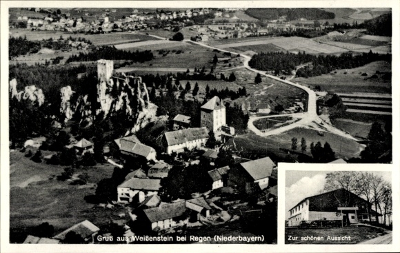 Ak Weißenstein Regen im Bayerischen Wald, Fliegeraufnahme, Burg zur schönen Aussicht