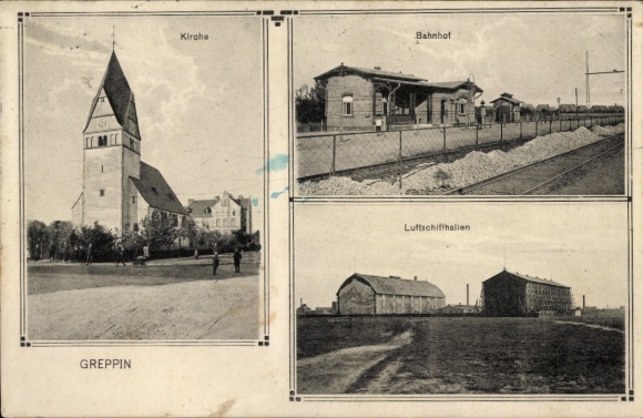Postcard Greppin Bitterfeld Wolfen Saxony-Anhalt, church, train station, airship hangars