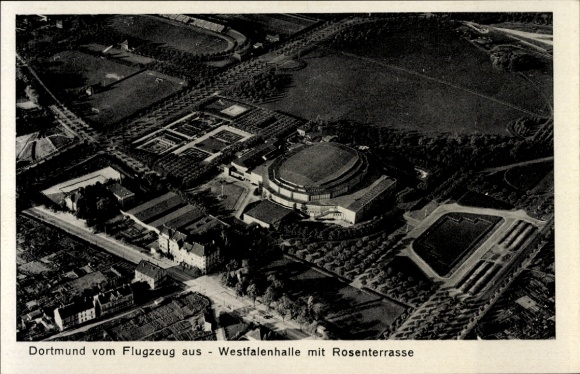 Postcard Dortmund in the Ruhr area, aerial photograph, Westfalenhalle, Rose Terrace