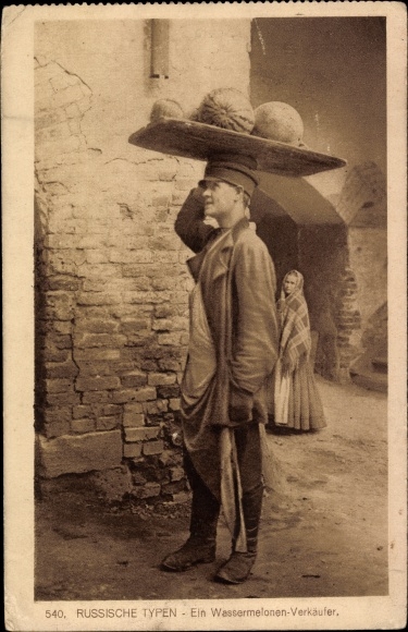 Ak-Russische jongens, watermeloenverkopers, straatverkopers