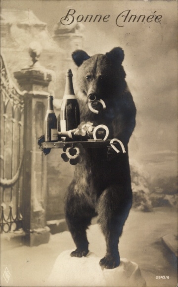Happy New Year, bear carrying tray with champagne bottles, horseshoe and clover leaves