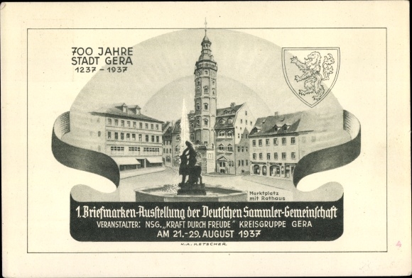 Postal stationery PC Gera in Thuringia, 1st stamp exhibition of the German Collectors Association 1937