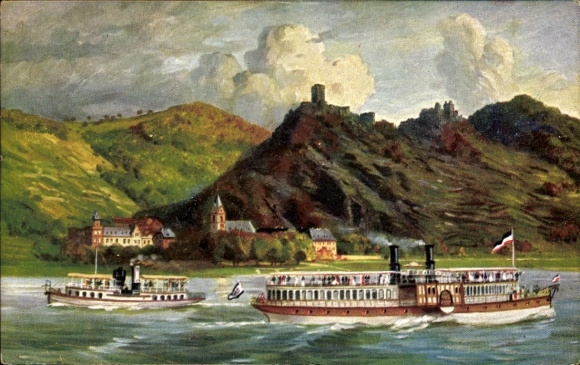 Ak Bornhofen am Rhein, Ruinen Steinberg und Liebenstein, die feindlichen Brüder, Dampfer